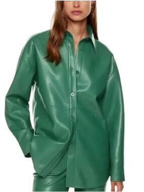 Babaton Green Faux-Leather Button-Front Jacket